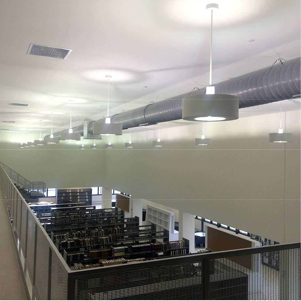Library mezzanine overlooking book stacks